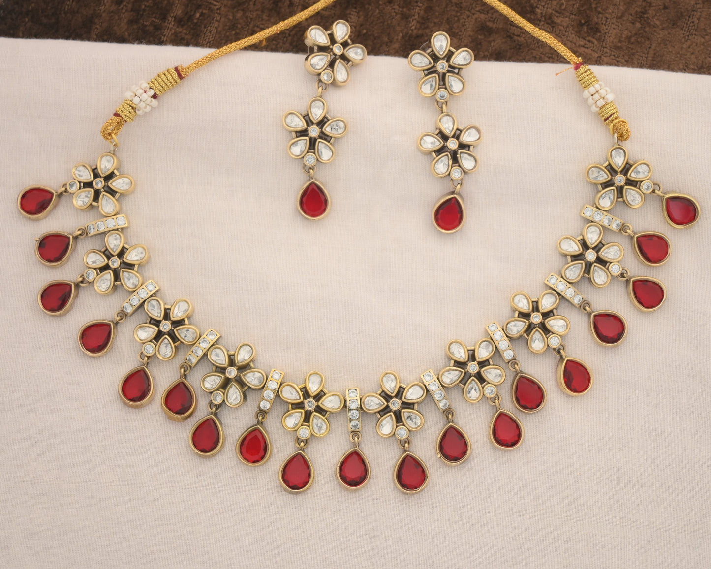 Red Polki Floral Necklace Set