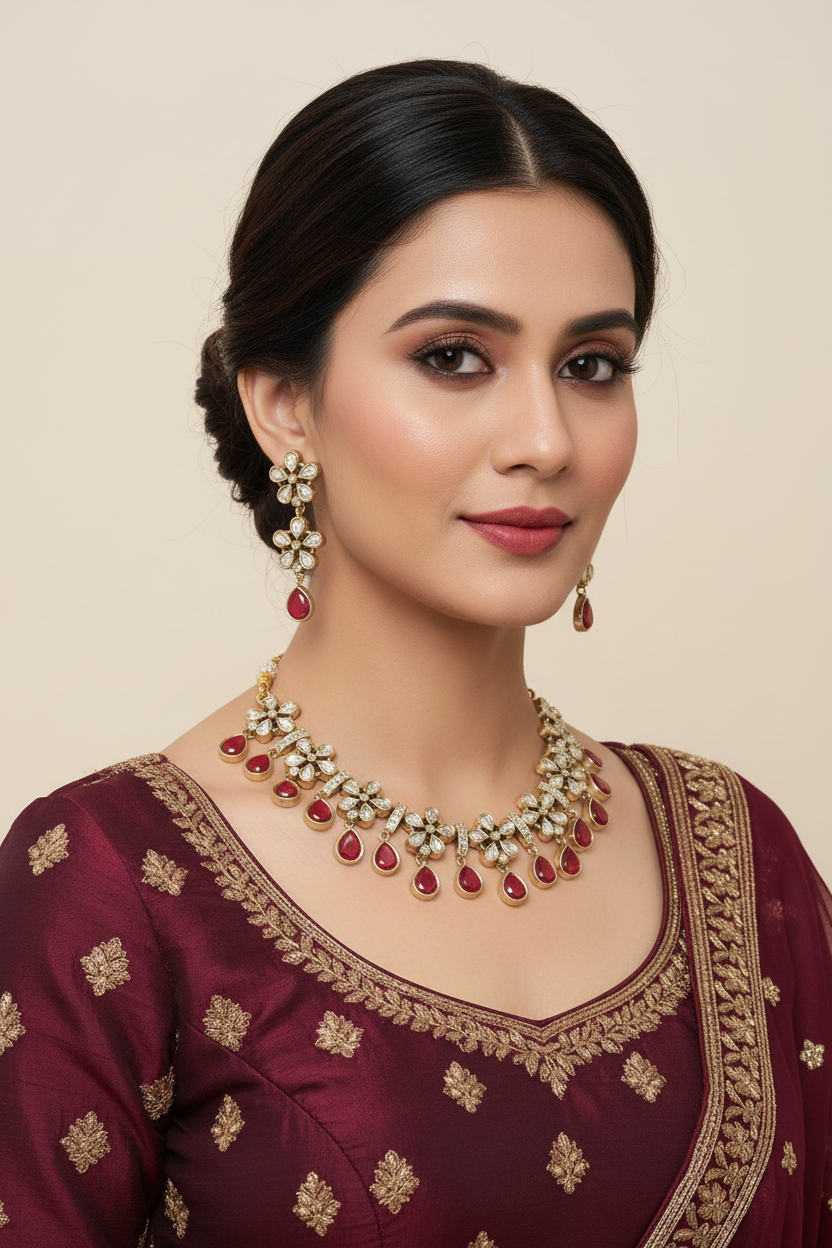 Red Polki Floral Necklace Set