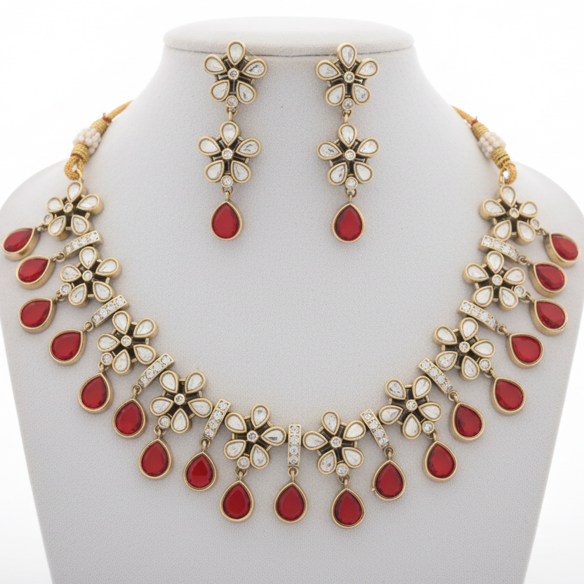 Red Polki Floral Necklace Set