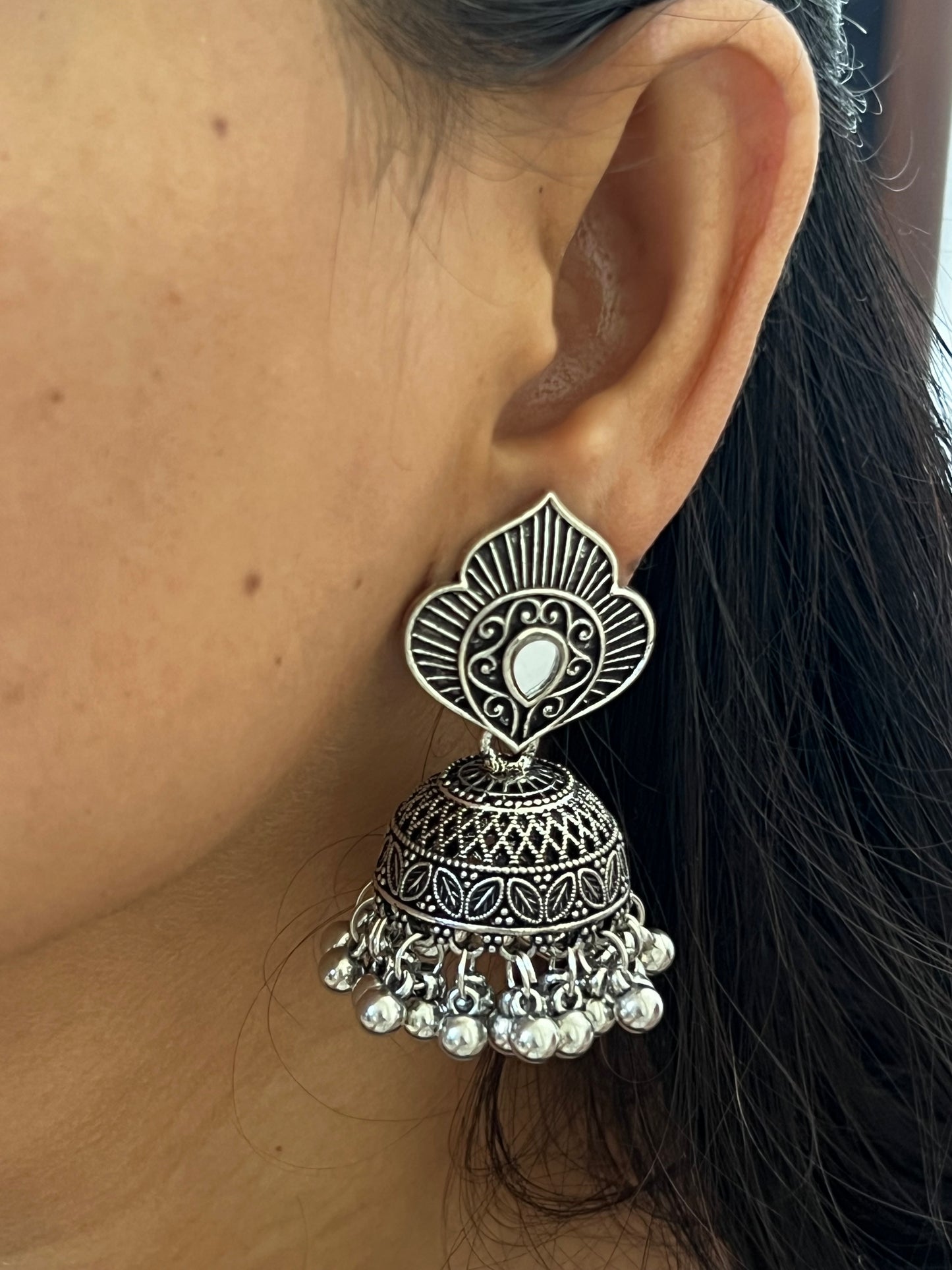 Antique Silver Oxidized Jhumka Earrings