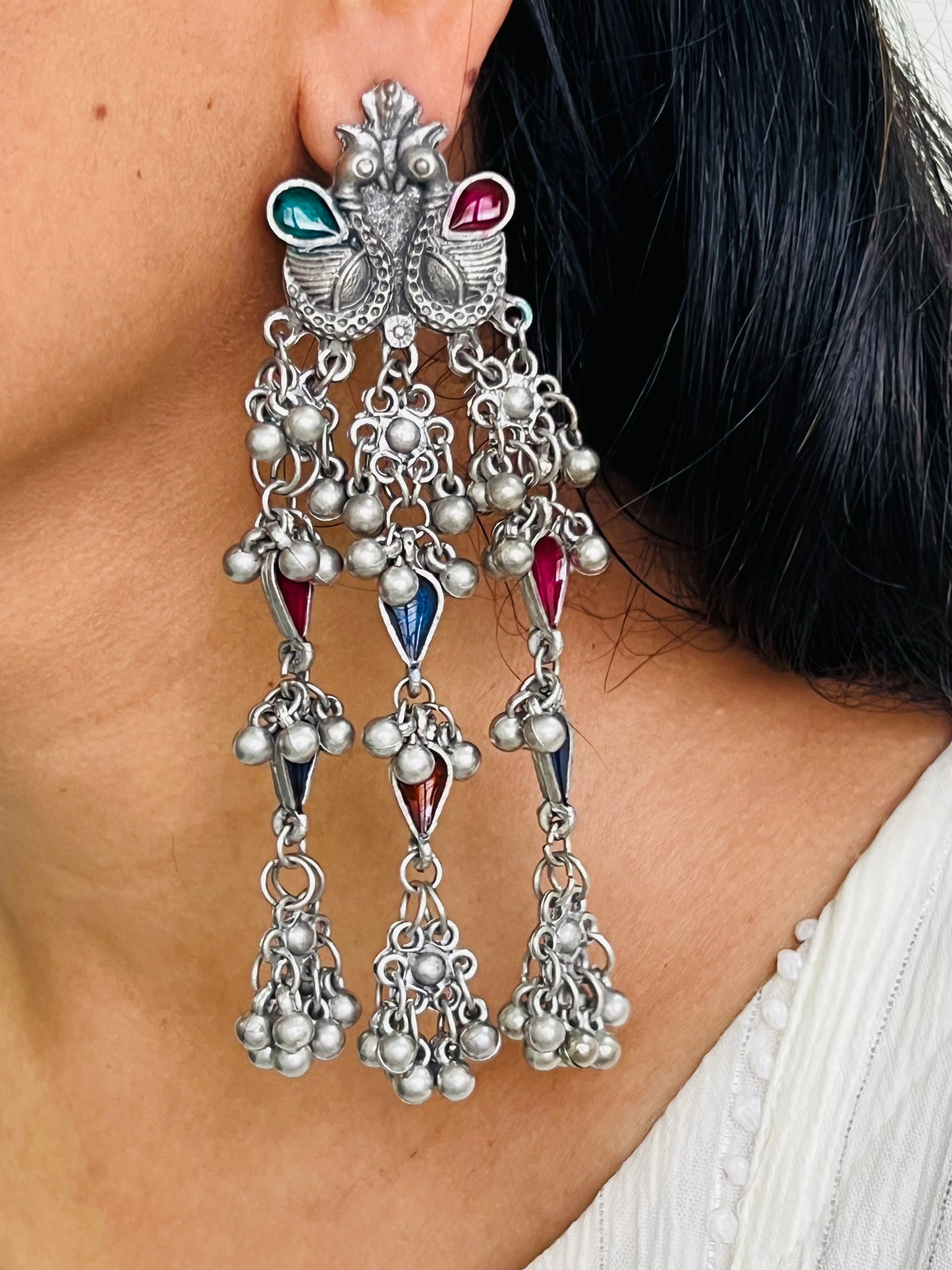 Oxidised Crescent Moon & Floral Dual Finger Ring with Chain