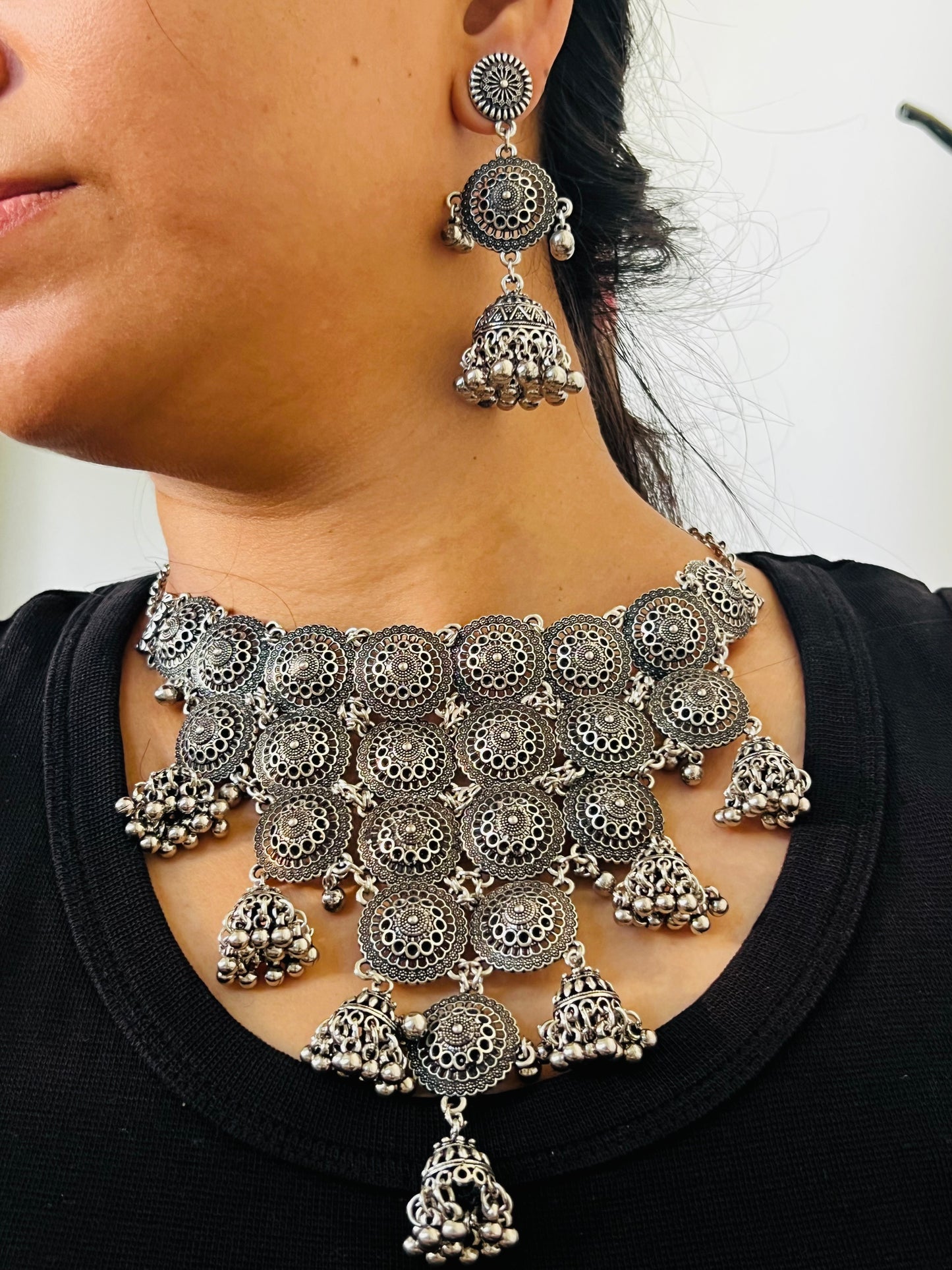 Oxidised Silver Circular Pattern Choker Necklace & Earring Set