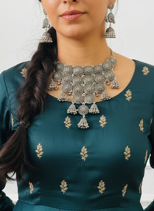 Oxidised Silver Circular Pattern Choker Necklace Set