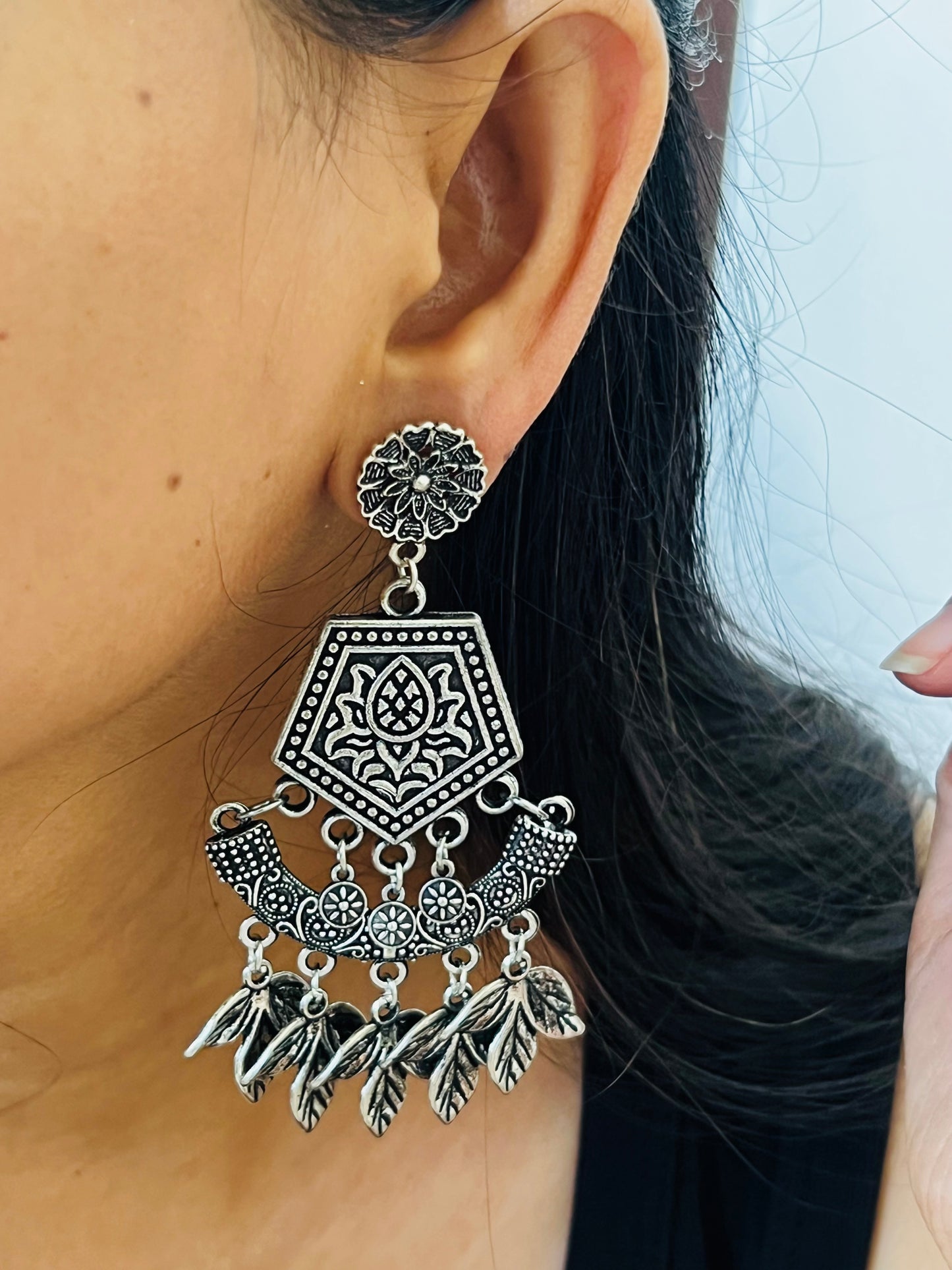 Antique Silver Oxidised Dangle Earrings