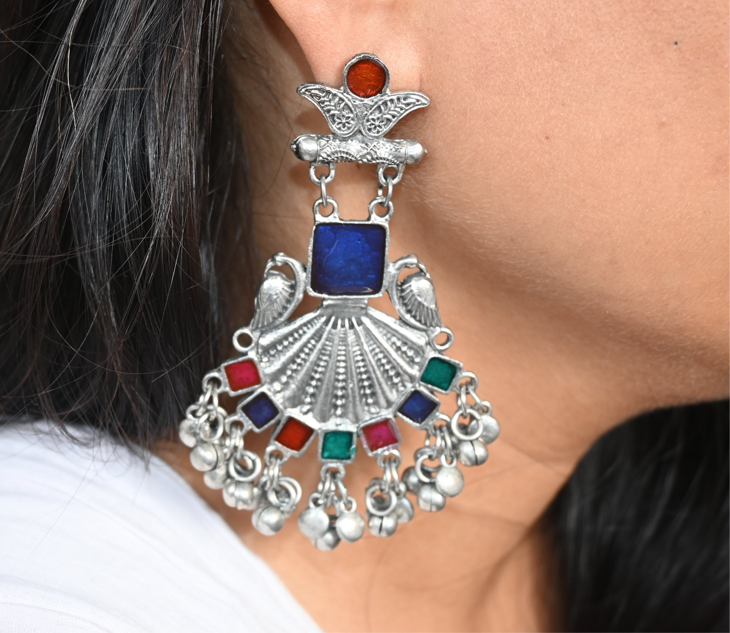 Afghani Silver Peacock Chandbali Earrings