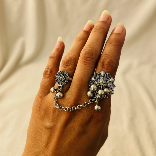 Oxidised Silver Dual Finger Ring with Chain & Floral Motif