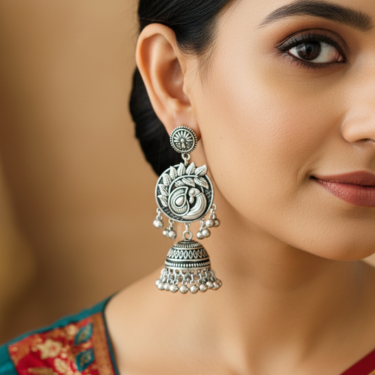Oxidized Silver Peacock Jhumka Earrings
