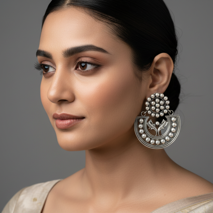 Oxidised Peacock Motif Statement Earrings