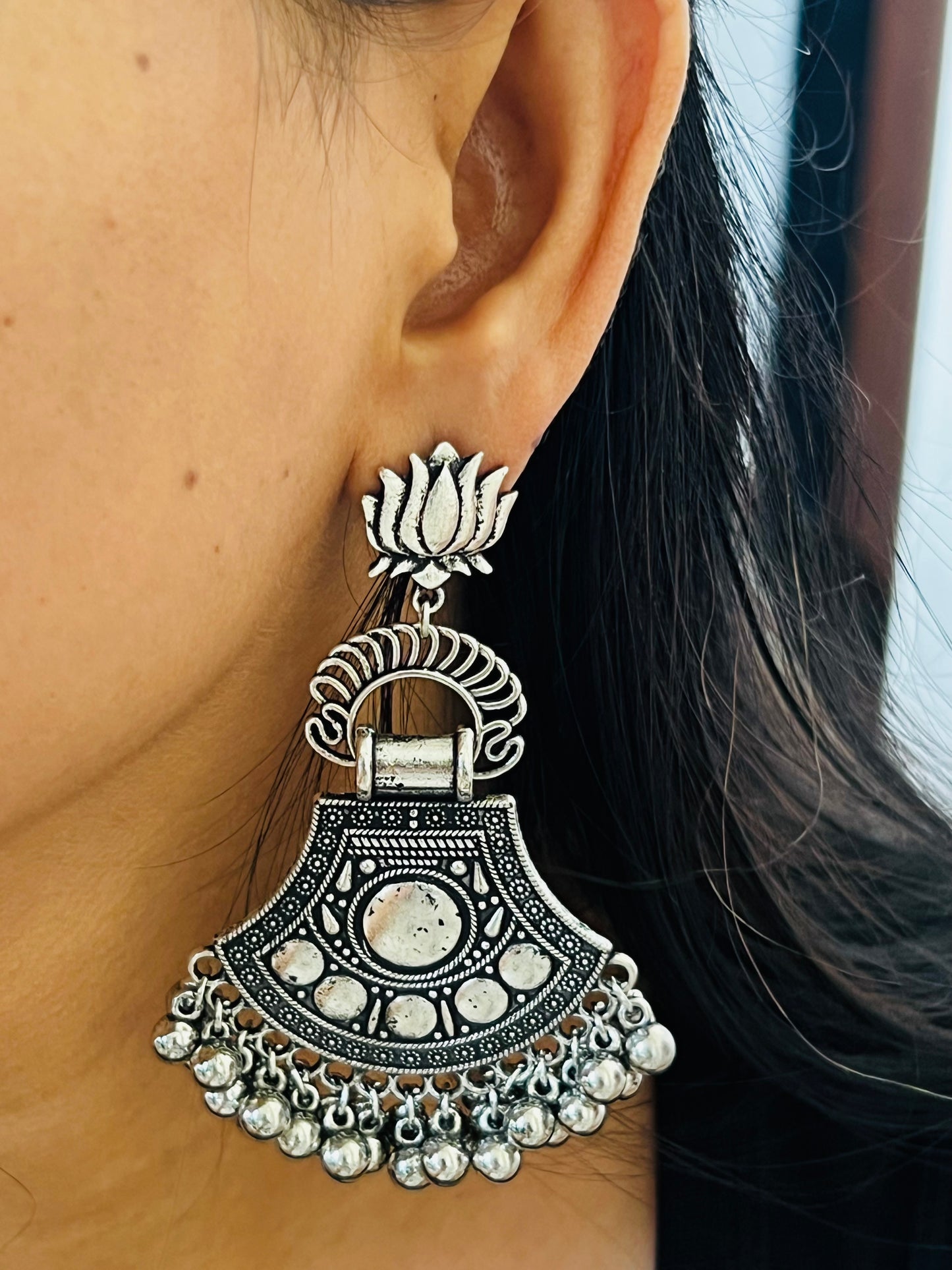 Antique Oxidized Silver Lotus Motif Jhumka Earrings