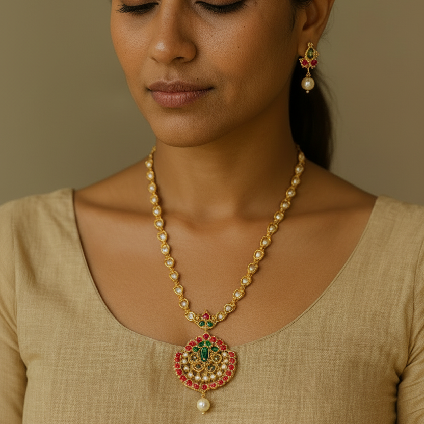 Ruby Green Pearl Drop Traditional Necklace Set