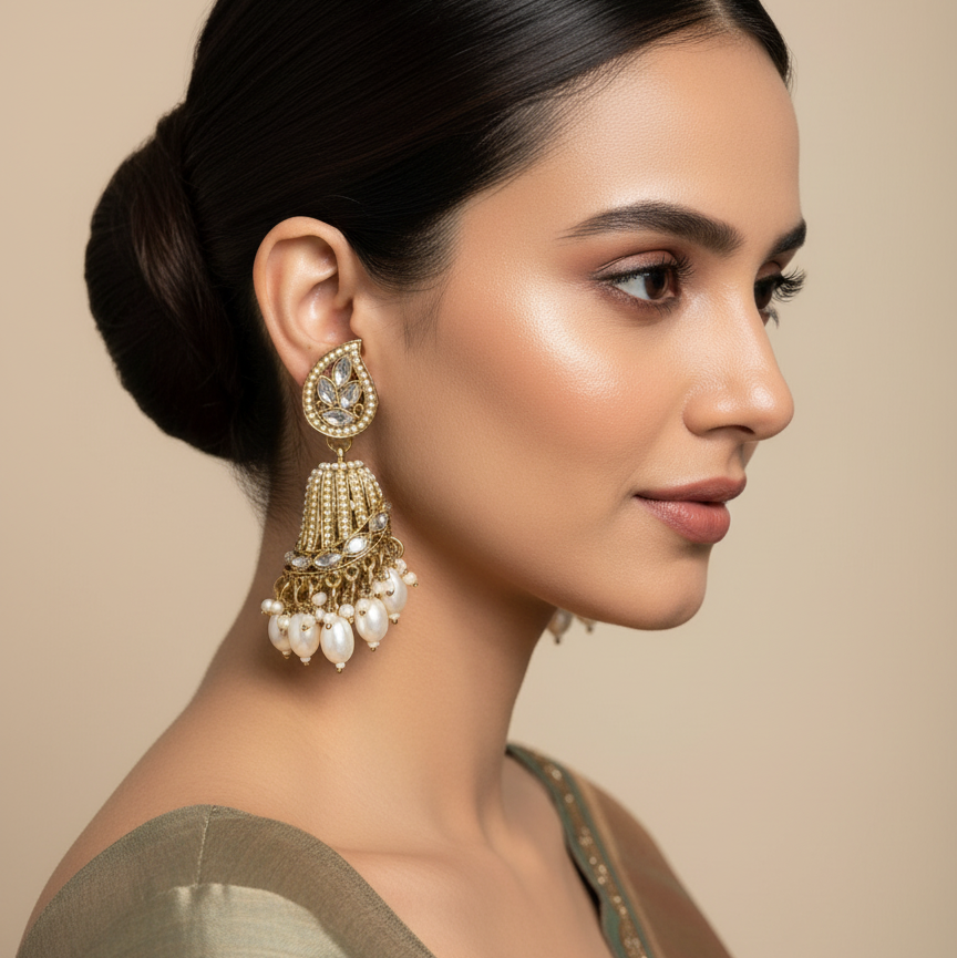 Pearl Cascade Kundan Jhumka Earrings