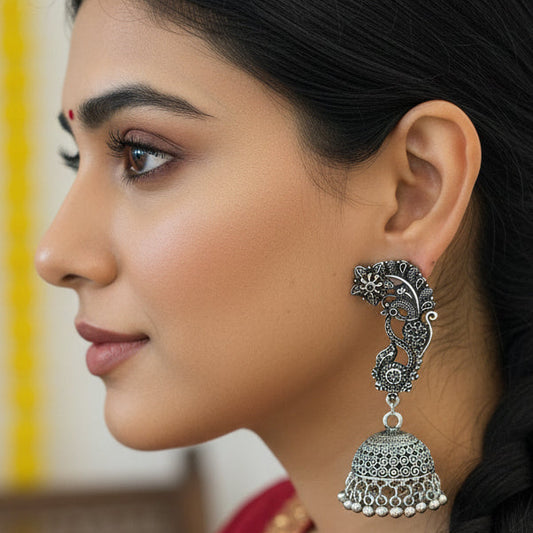 Oxidized Silver Peacock Jhumka Earrings