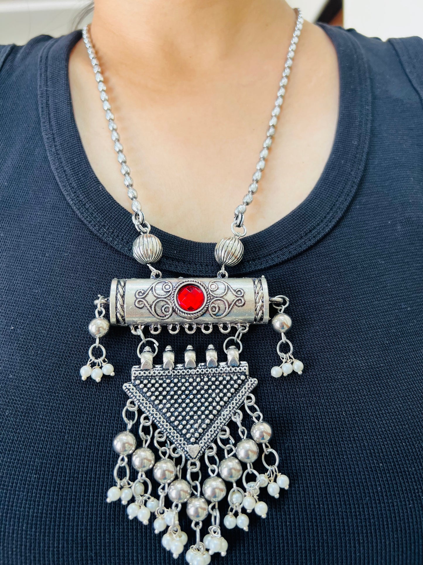Oxidised Crescent Moon & Floral Dual Finger Ring with Chain