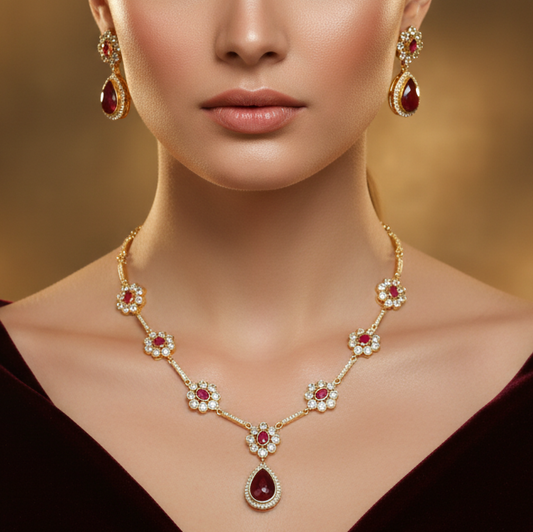 Maroon Bloom Moissanite Necklace Set