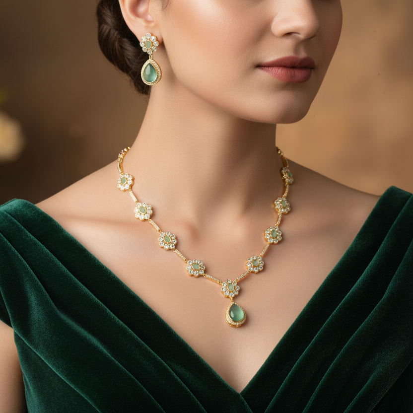 Mint Bloom Moissanite Necklace Set