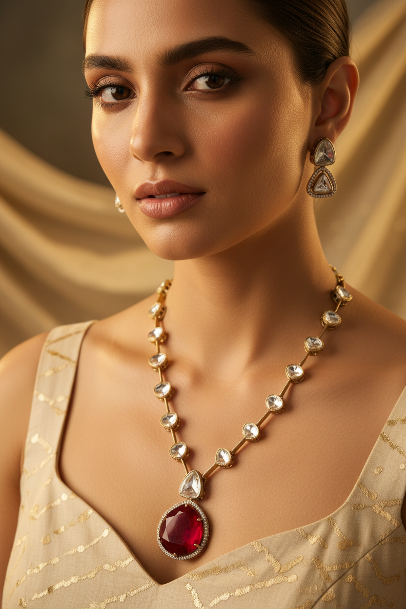 Red  Shine Polki Necklace Set