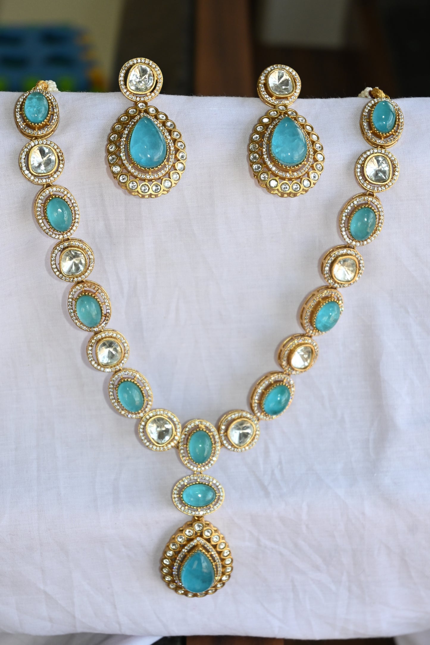 Aqua Blue Polki Necklace Set
