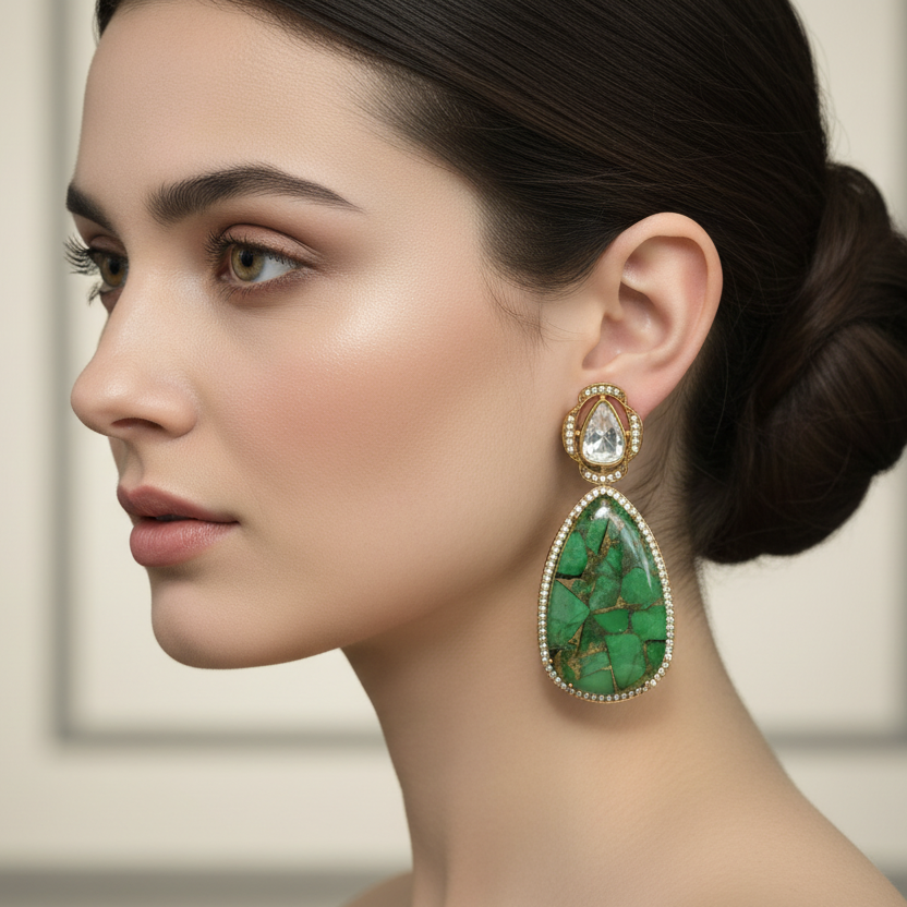 Emerald Firestone with Polki Earrings