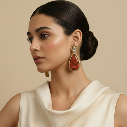 Red Firestone with Polki Earrings