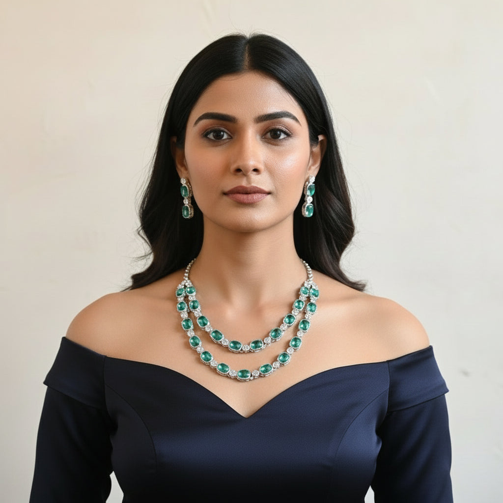 Aqua Crystal Double-Layer Necklace Set