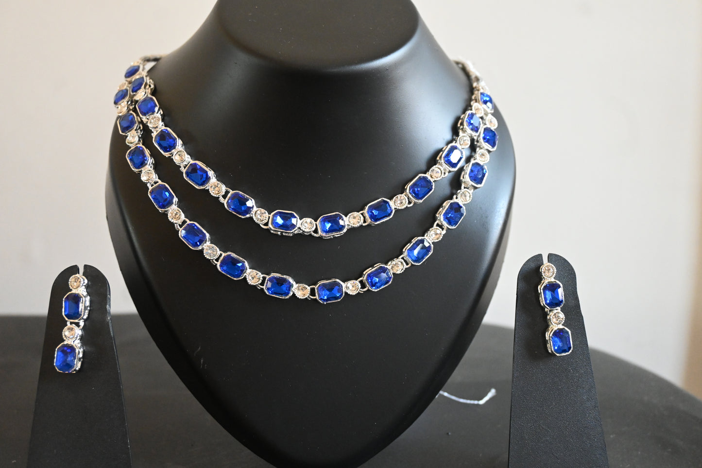 Royal Blue Crystal Double-Layer Necklace Set