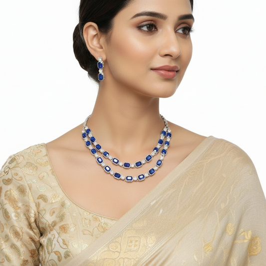 Royal Blue Crystal Double-Layer Necklace Set