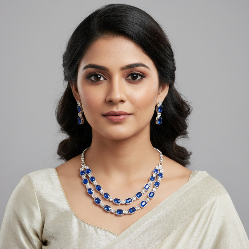 Royal Blue Crystal Double-Layer Necklace Set