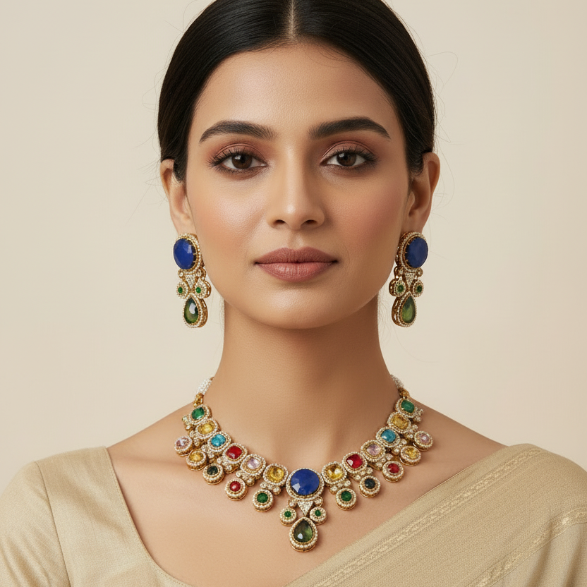 Navratna Style Multicolor Necklace Set