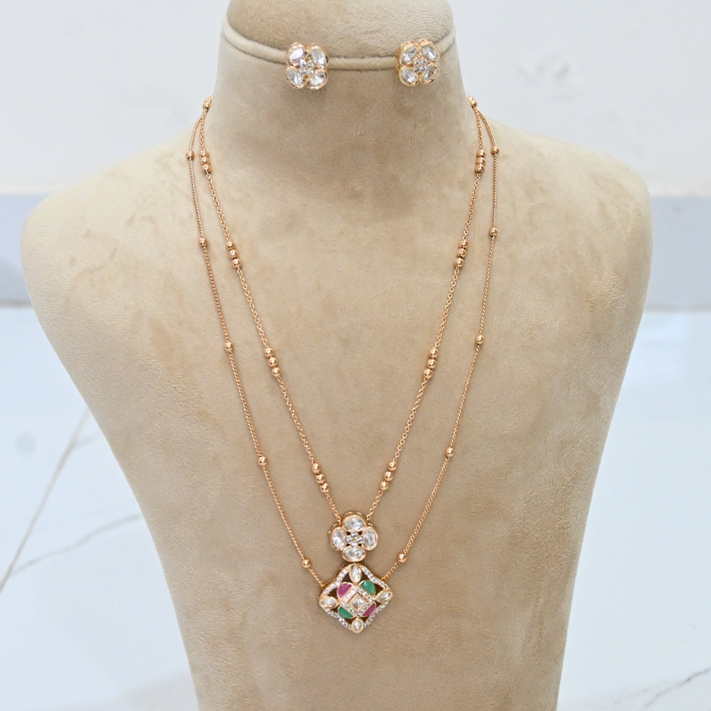 Rose gold moissanite pendant set, double-layer chain necklace, moissanite jewellery, floral pendant set, contemporary pendant set, office wear jewellery, daily wear pendant, rose gold necklace with earrings, elegant moissanite jewellery, women's pendant set.