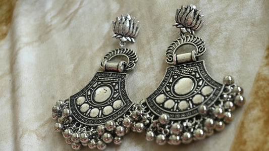 Antique Oxidized Silver Lotus Motif Jhumka Earrings
