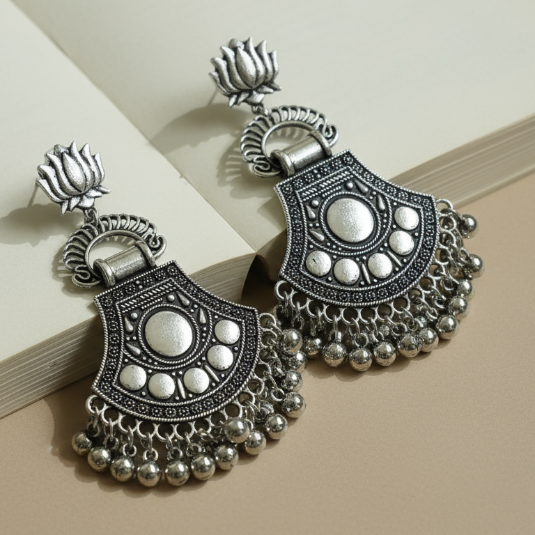 Antique Oxidized Silver Lotus Motif Earrings