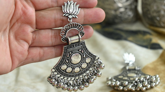 Antique Oxidized Silver Lotus Motif Jhumka Earrings