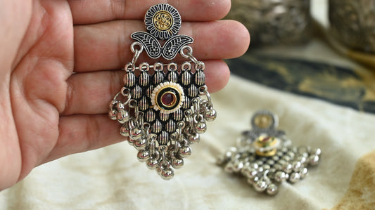 Antique Silver Oxidized Chandbali Earrings