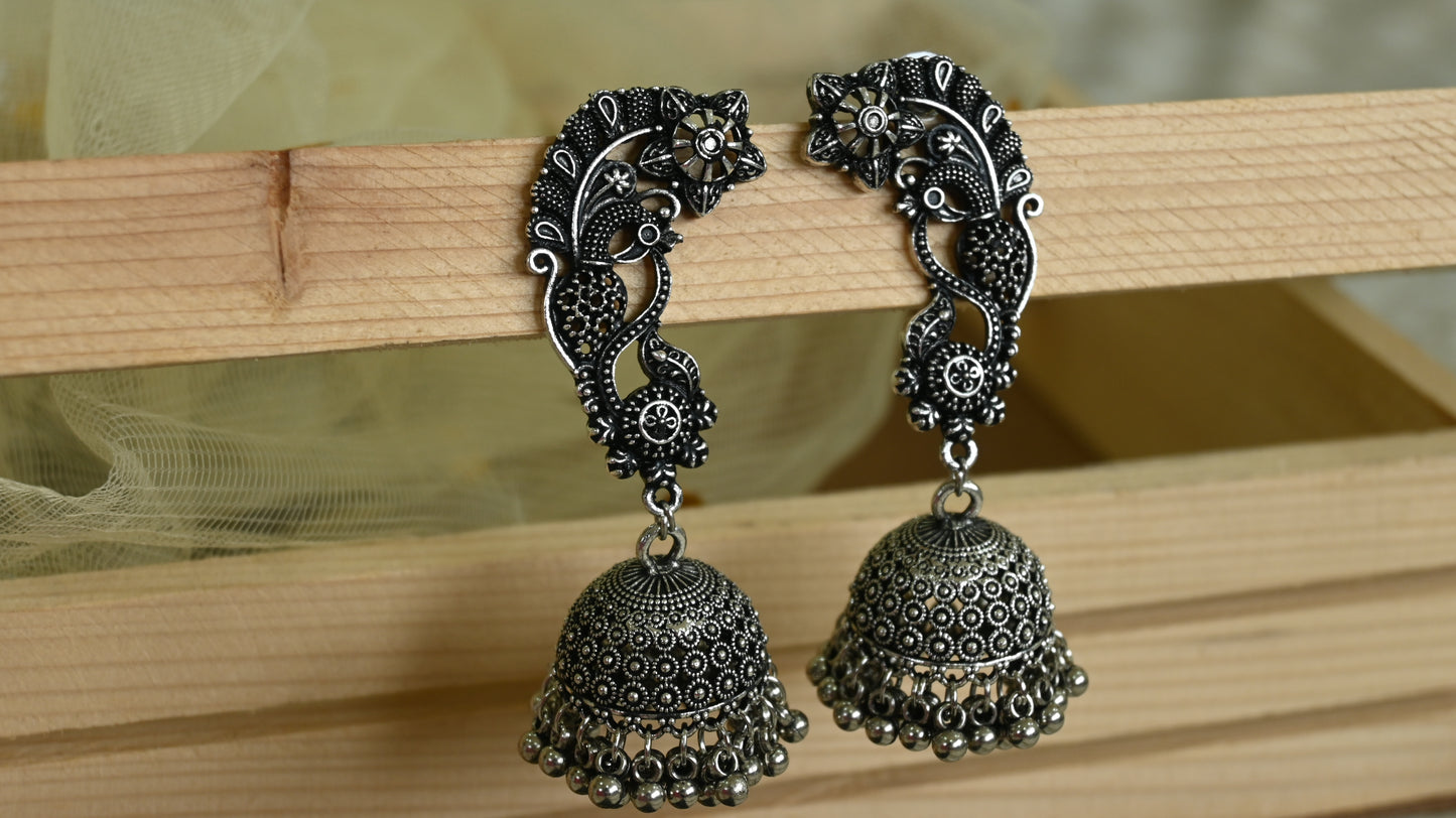 Oxidized Silver Peacock Jhumka Earrings