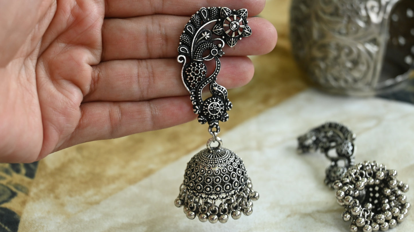 Oxidized Silver Peacock Jhumka Earrings