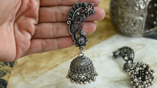Oxidized Silver Peacock Jhumka Earrings