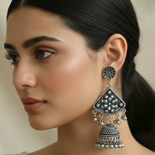 Oxidized Silver Floral Triangle Jhumka Earrings