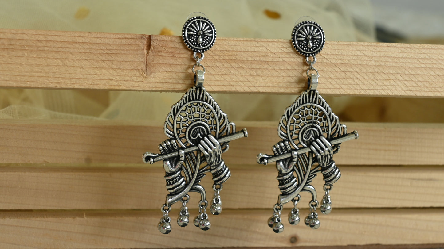 Divine Krishna Flute Oxidised Silver Earrings