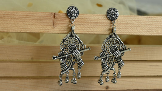 Divine Krishna Flute Oxidised Silver Earrings
