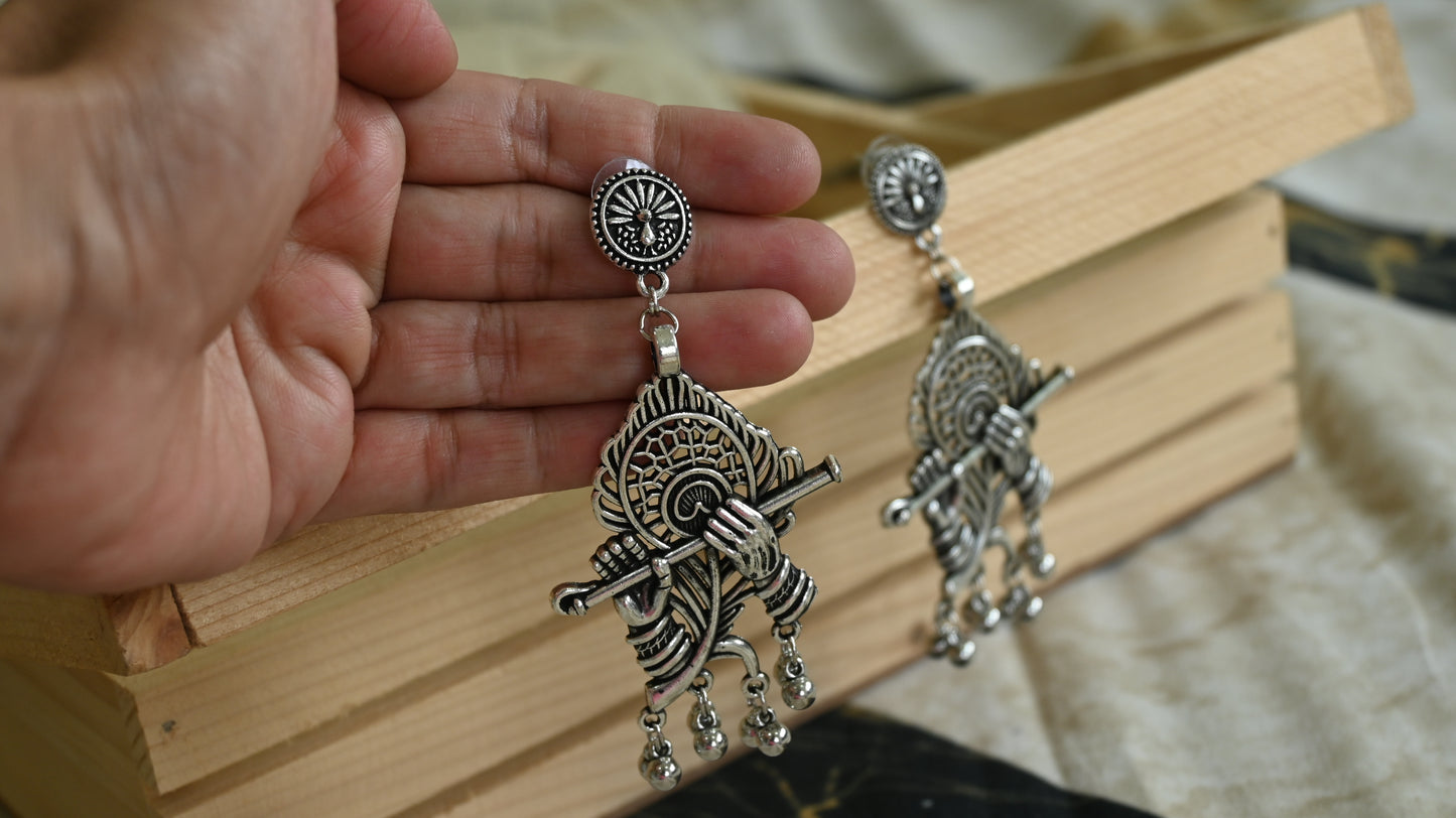 Divine Krishna Flute Oxidised Silver Earrings