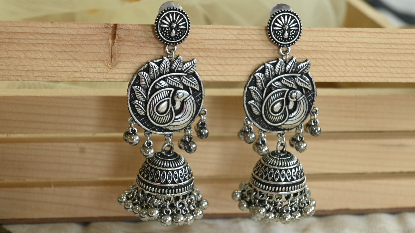 Oxidized Silver Peacock Jhumka Earrings