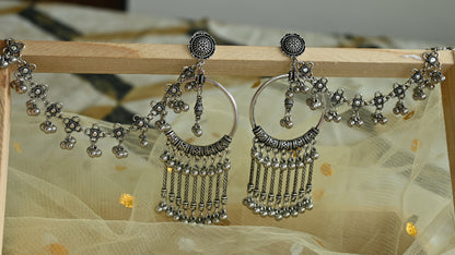 Oxidised chandelier earrings with ear chain