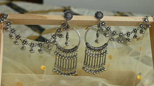 Oxidised chandelier earrings with ear chain