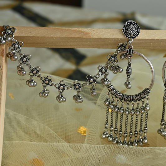 Oxidised chandelier earrings with ear chain
