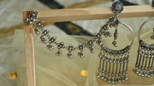 Oxidised chandelier earrings with ear chain