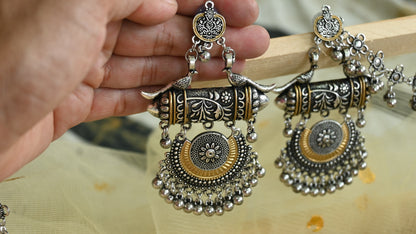 Oxidised dual tone chandelier earrings with ear chain