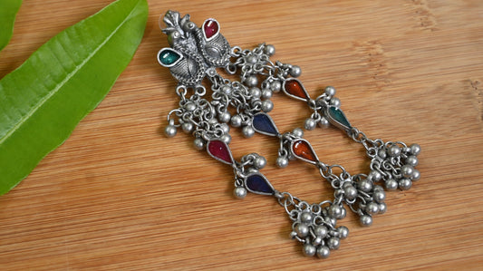 Afghani Peacock Design Oxidized Silver Earrings