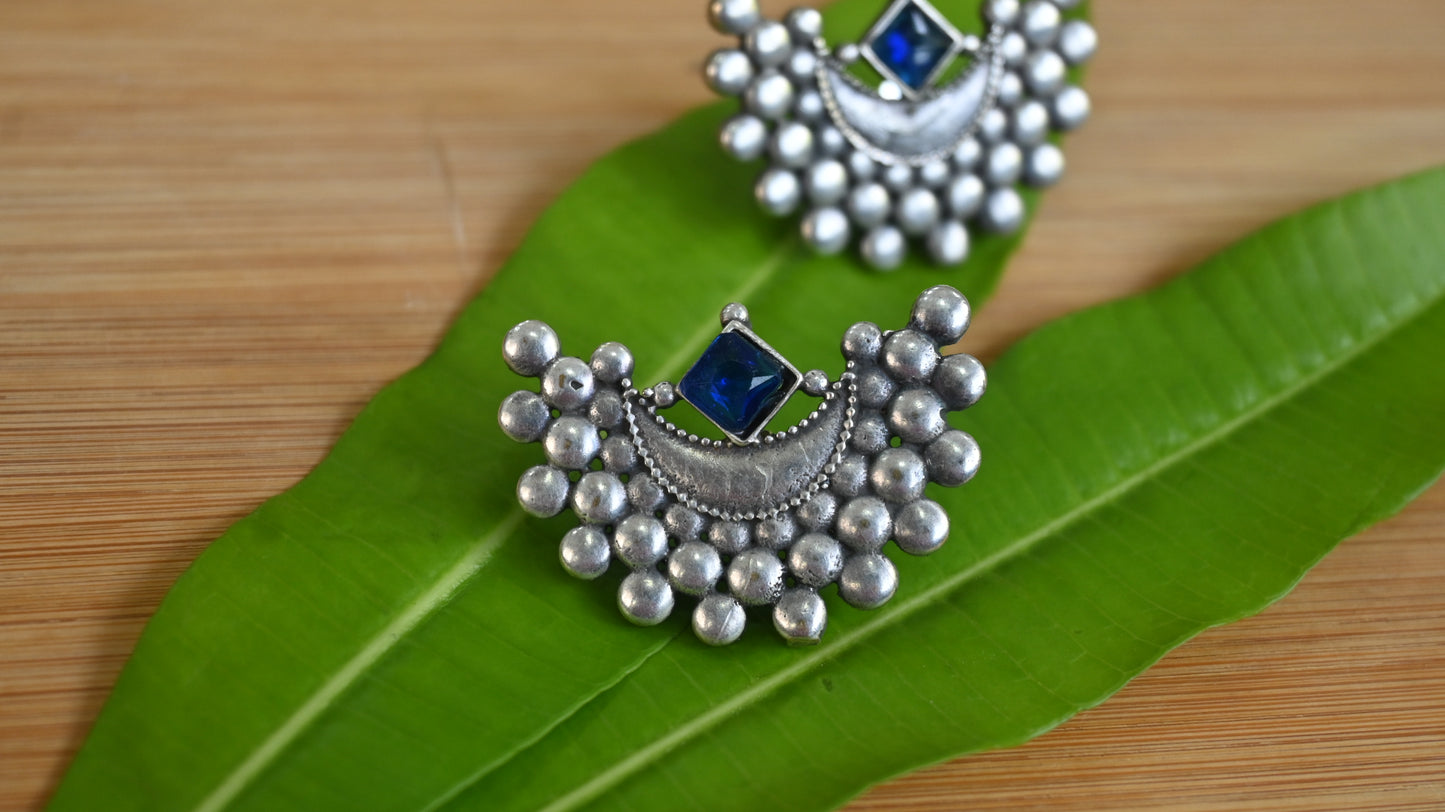 Chandra Silver Stud Earrings with Stone & Crescent Motif