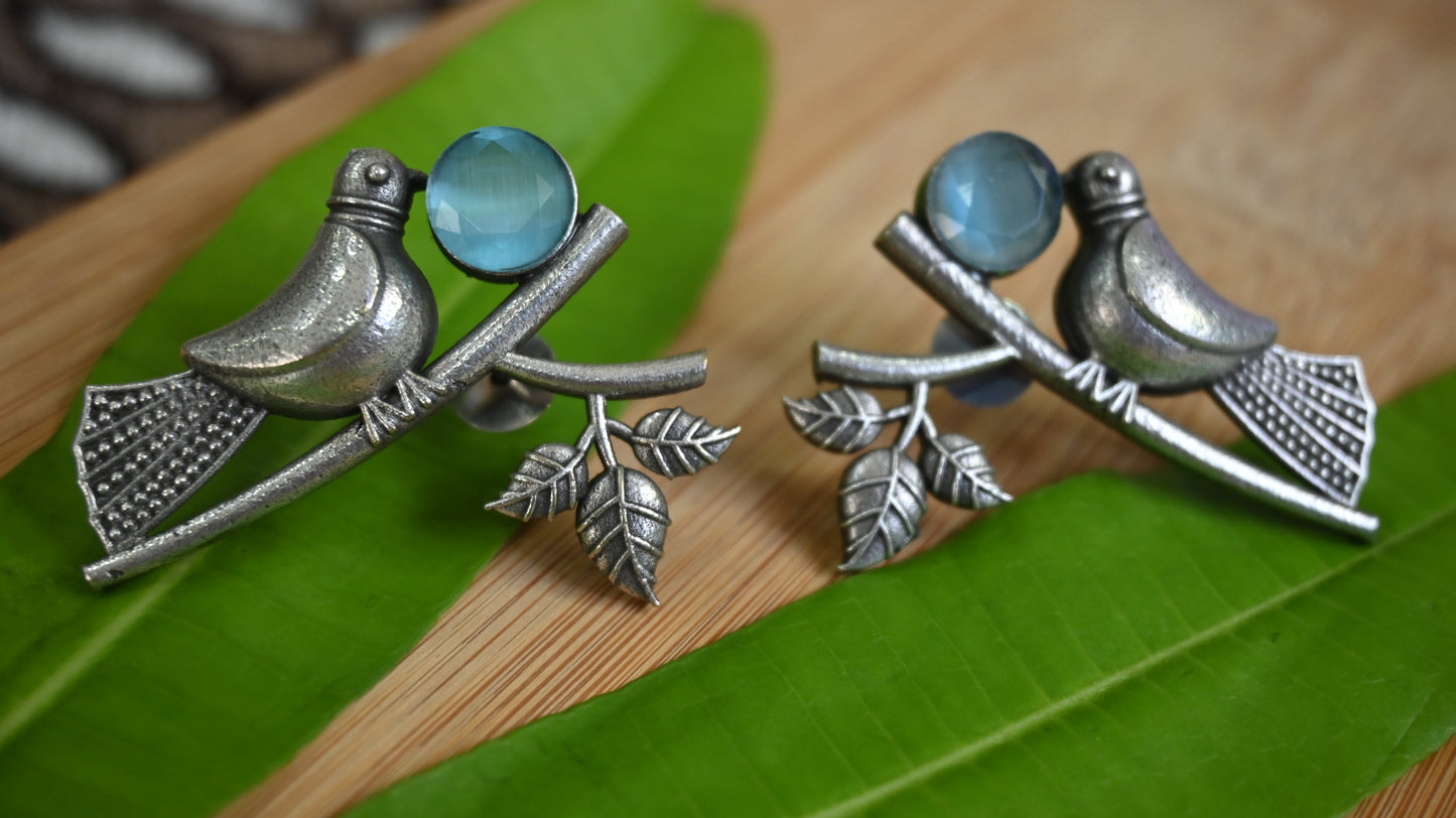 Antique Silver Bird Motif Earrings with Stone