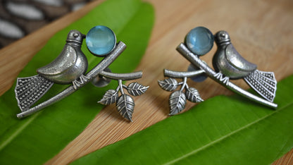 Antique Silver Bird Motif Earrings with Stone